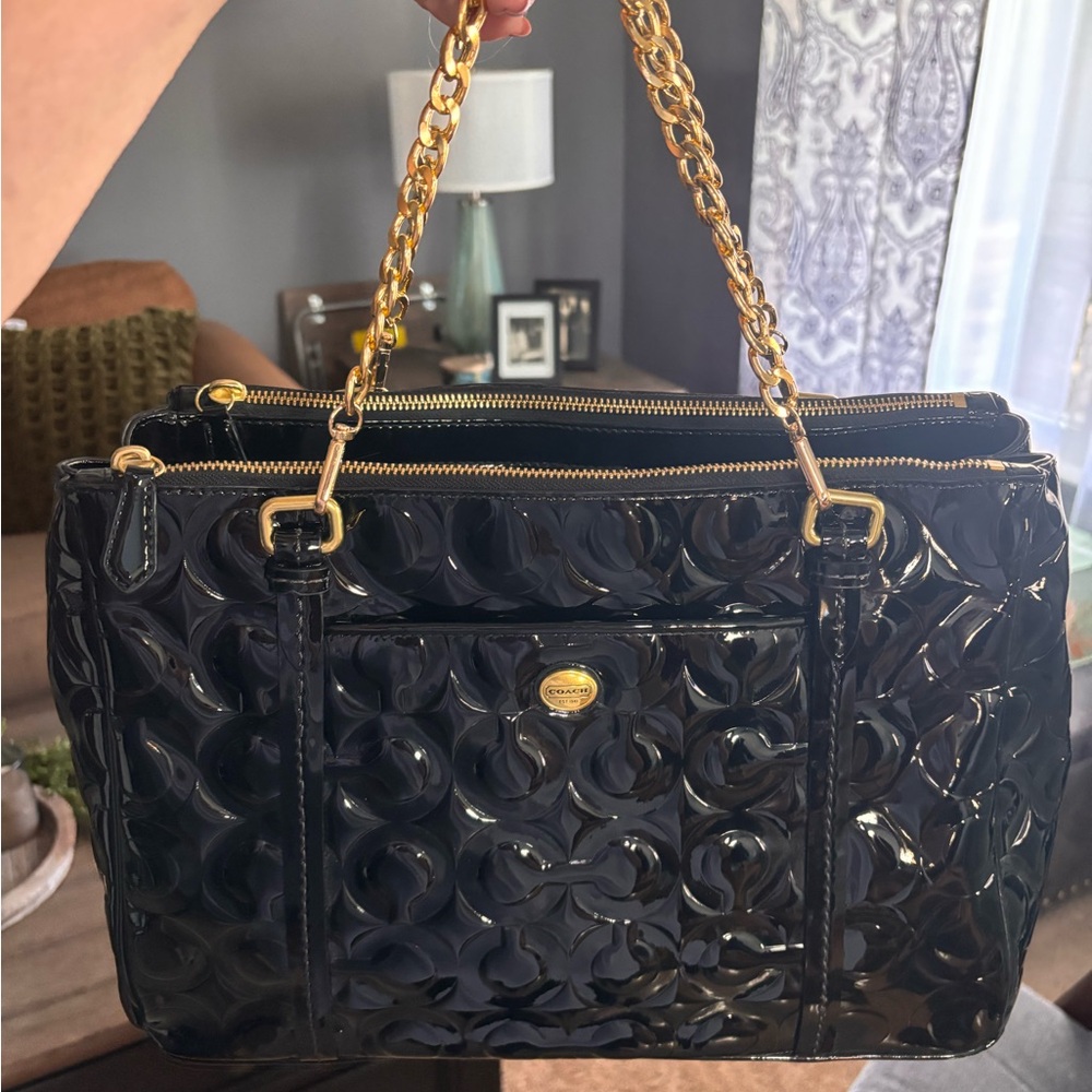 Coach Black Patent Leather Tote with Gold Chain Straps